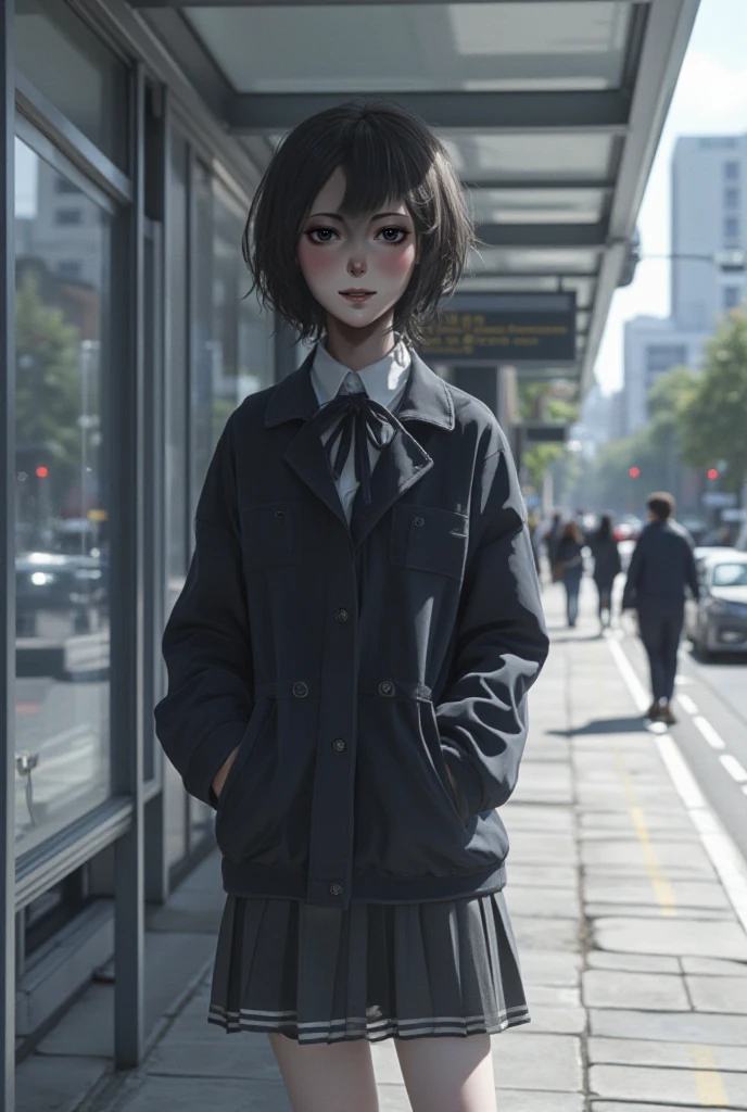 one,height 1.About 68 meters,full body,wears an American school uniform and a black jacket,Tie a bow,lower body with a knee-length skirt,waiting for the bus at a busy bus stop,A few pedestrians were scattered in the distance,Screen ratio 4:3