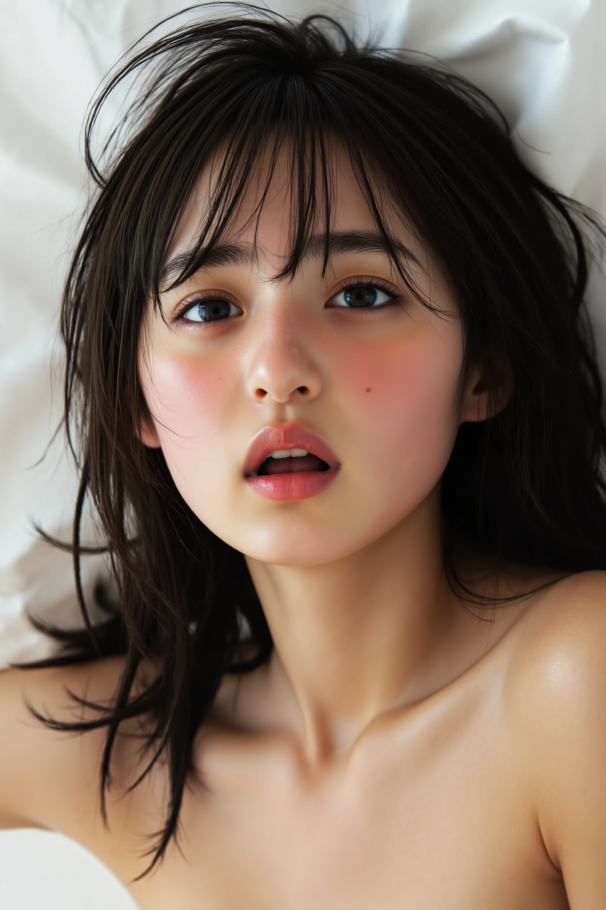 a high resolution photograph of a young Japanese woman lying in the bed with mouth open, bloodshot eyes, frowning, pain, scream, emotional face shot, face focus, from above, bare shoulders, realistic facial expression, dramatic facial expression, detailed face, detailed eyes, midjourney_whisper_innocent_eyes