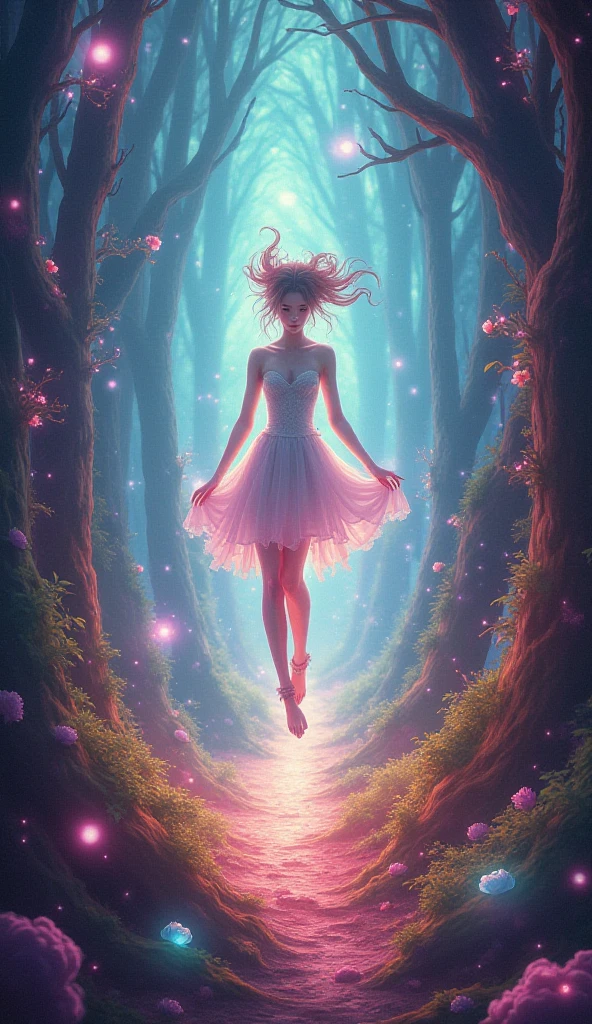 Forest in night and colourful sky, a gil are dancing, Butterflies fly