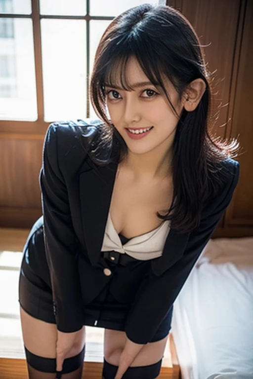 Pure young Japanese girl, wearing dark colors style suits and skirts, (lace panty), (stockings), vivid makeup, natural black hair styles, sitting in antique gothic style rooms, spread wide legs, sweet smile, sexual attractive, secret temptations, professional portrait photography,