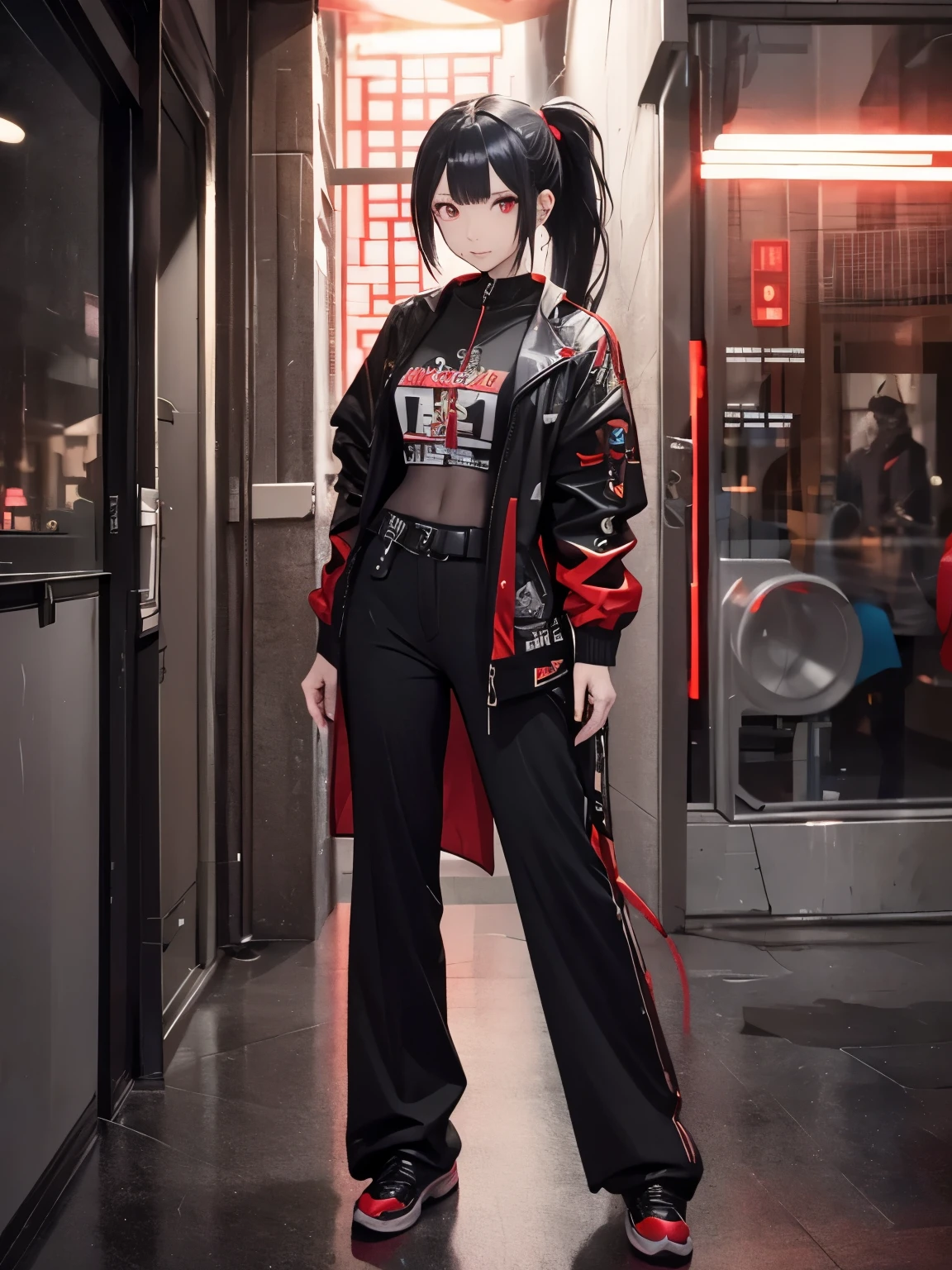 full body, ( Queen of cyberpunk ), 20 year old girl, Long ponytail hairstyle , bangs, (black and blue gradient hair color), (shining red eyes), Devil's Eye, Stately and charming , Mechanical body, Red glowing electronic element, red wire and tube connecting the fuselage, complex gold electronic texture, Strange technical symbols , red round forehead symbol, Luxury mechanical crown , ( Robotic Woman ), Photo poses, Cyberpunk Characters, Future Style, Gray World Background, oc rendering reflection texture