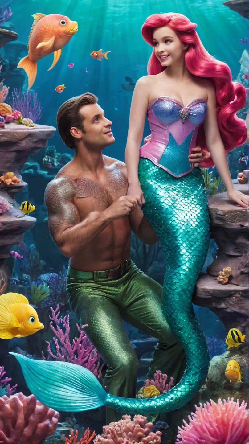 Handsome arafed man in a mermaid tail making a heart with his hands, emma watson as a mermaid, ariana grande as a mermaid, kristen bell as a mermaid, emma watson as sea mermaid, mermaid tail, mermaid body, mermaid, merfolk riding seahorses, inspired by Adam Dario Keel, inspired by David LaChapelle, david la chapelle, diego koi