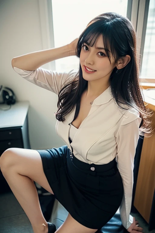 whole body, highest quality, Realistic, Very detailed, finely, High resolution, 8k wallpaper, One beautiful woman,, Light brown messy hair, Wear a business suit, Sharp focus, Perfect dynamic composition, Beautiful and detailed, Thinning hair, Detailed Realistic skin texture, smile, Close-up portrait, Sexy figure,Cleavage、length, Muscular, Beautiful feet、Beautiful legs、Super mini tight skirt、Thin black pantyhose、High heels、Perfect Style、High heelsのつま先まで見える、healthy thighs、Tight ankles、A thin shirt highlights her nipples、Crouching with legs wide open、Plump legs、