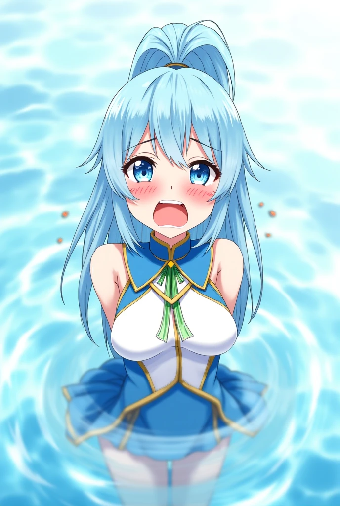 Aqua, 1girl,standing,posing,cowboy shot, ((:1.2)), hair rings, hair ornament, perfect quality, good quality, masterpiece, HDR, UHD,view from above,((light smile:1.1)),outdoors,sand beach,ocean water,(( on face:1.2))