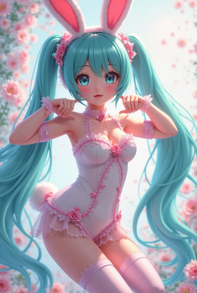 Super detailed, NSFW, masterpiece, High resolution, Photorealistic digital art, perfect lighting, (((1 girl, perfect anatomy))), accurate right hand, accurate left hand, five fingers, perfect style, shy smile, (hatsune miku,) 3d face, big light blue-green eyes, glossy lips, blue-green long hair, shiny skin,  (((twin tails))), big square hair accessories, (Sakura Kinomoto), Dress too small, Pink Panties, Focus on the groin, outdoor,