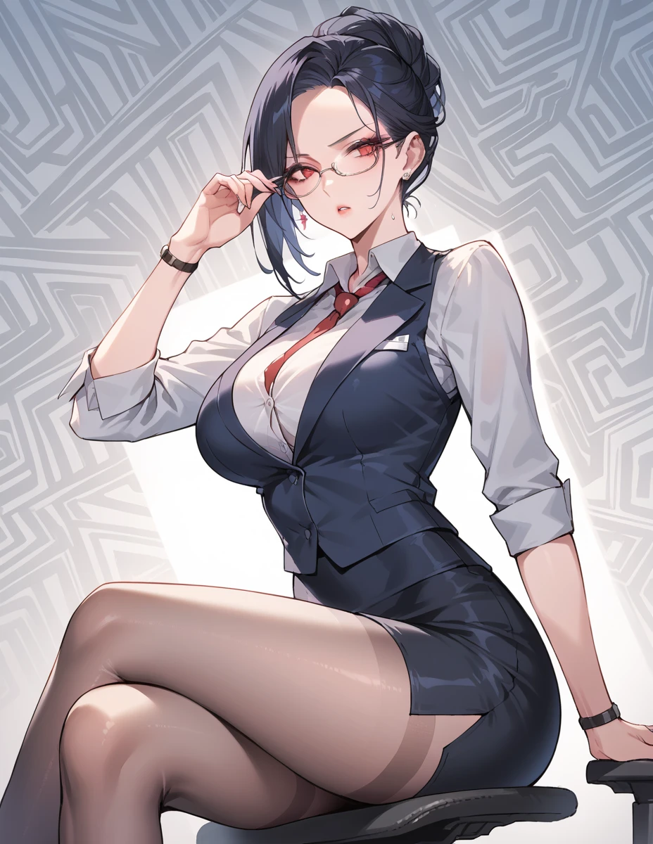 1 girl, milf, red eyes,tomboy Pixie haircut, red hair, black eyebrows, spiked hair, black choker, spiked hair, very Short hair, Office shirt, armpits, lipstick, cowboy shot, serious face, Office skirt, stockings, huge breast, belly, glasses, office