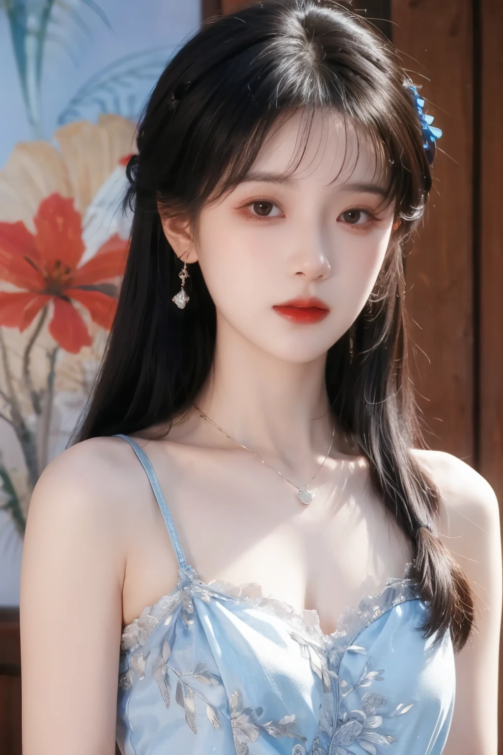 ( masterpiece, highest quality:1.2), 8,000, 85 mm, original photo, confuse, hair, blue dress, Delicate girl,Shiny Skin, , watching the audience, HDR, clear focus, Twilight Sky , Shiny Skin, small eyes and face , brightly colored background, earrings、 necklace、clavicle、Straight long hair、Straight hair perm 、Big breasts,