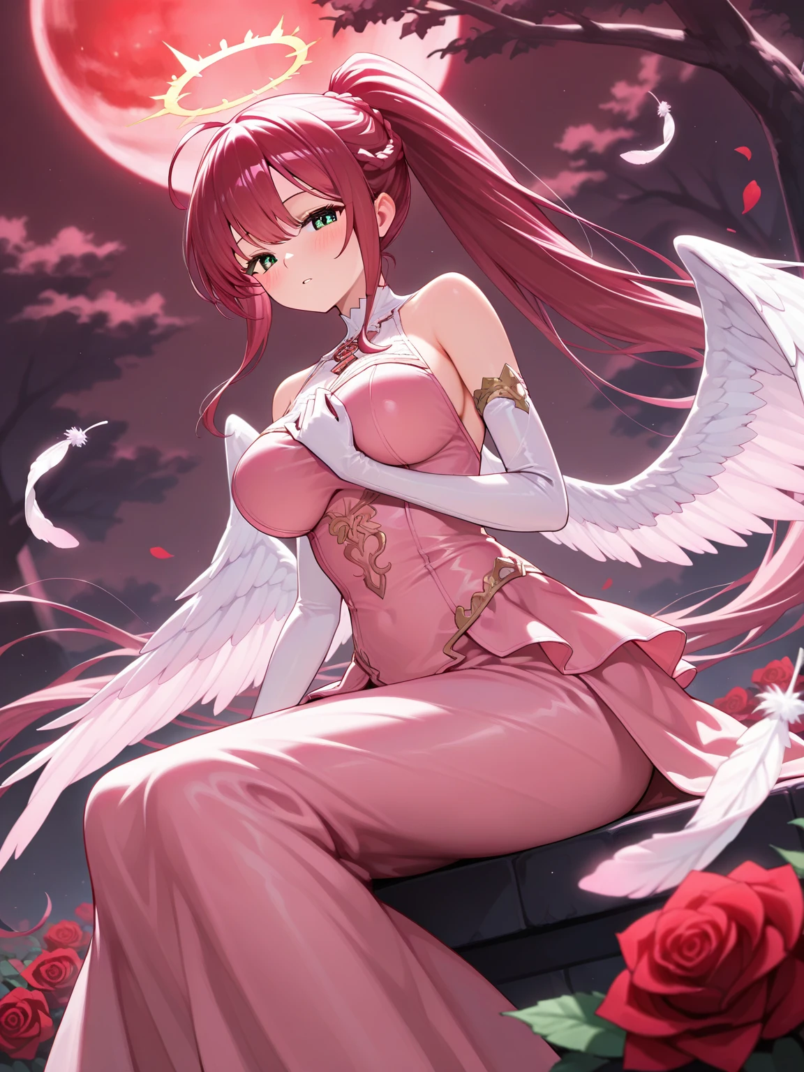 ultima Madoka: 1girl, short_hair, twintails, hair_ribbon, pink_hair, pink_eyes, short_twintails, full body,standing, smile, angel wings, big breast, tall female,pink eyes