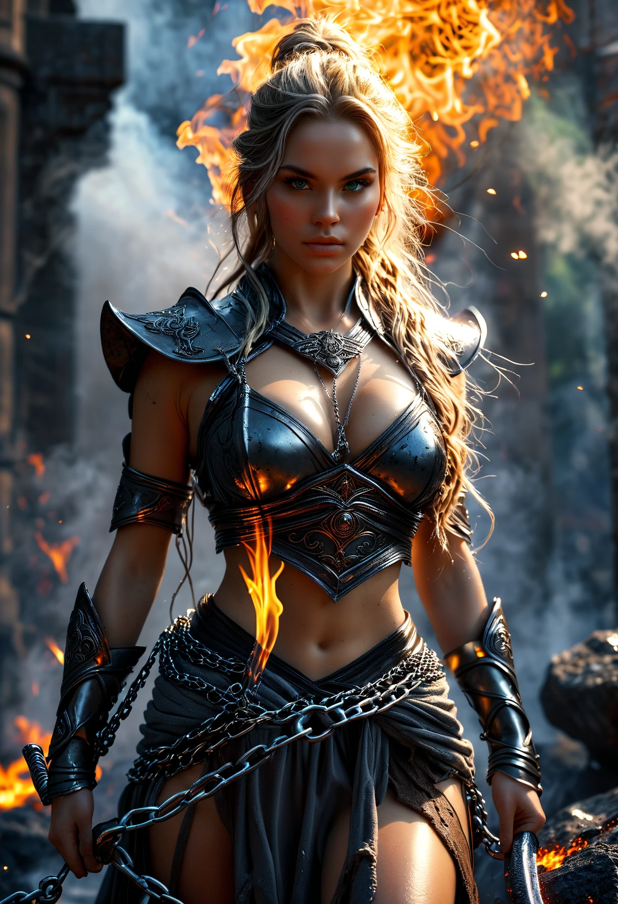 ((best quality)), ((masterpiece)), (detailed), perfect womam de corpo todo with a powerful gaze and an ancient, divine blue power running through his veins. she is a god of the destruction. She has long, wavy light brown hair, her pupils are a mix of blue, green, yellow, orange and purple. And powerful warrior clothes with a fire monster and a water monster on each side of her. Don't sexualize her, por favor. Make her with curtain bangs with waist-length hair and tanned skin and warrior armor with a sword
