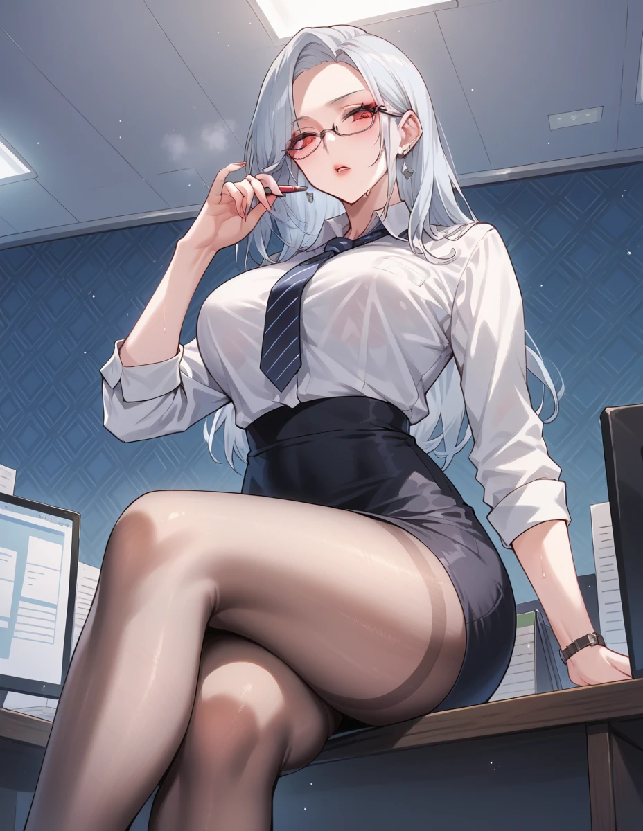 Anime girl sitting at desk,Hold a computer and a mobile phone, (sfv) safe to work, Guweiz in Pixiv ArtStation, seductive anime girls, Guweiz on ArtStation Pixiv, Smooth anime CG art, at pixiv, trending on artstation pixiv, On a table, office clothes, from girls frontline