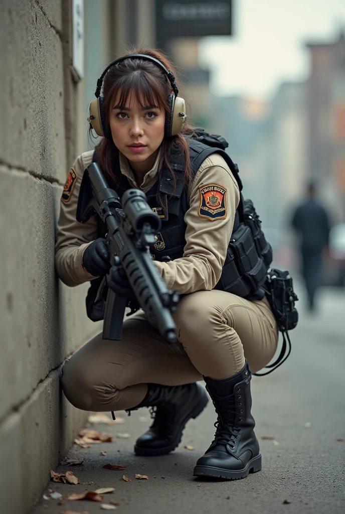 Garota brasileira , agente do FBI, olhos verdes claros, armed with an FBI uniform in combat Friendly action with fire on the side, Film style