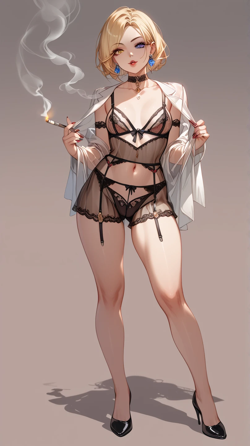 a woman in a black lingerie and stockings posing for a picture, garter belt, harnesses and garters, large breasts, thin black lingerie, sultry and beckoning, wearing sexy lingerie, honey birdette, laced lingerie, lightweight but imposing, lingeries beauty, garters, lingerie, scantily clad, intricate and detailed lace set, lingerie!!, silk stockings, masterpiece, best quality, absurdres, full body, beautiful face, perfect anatomy, 1girl, solo, black hair,
