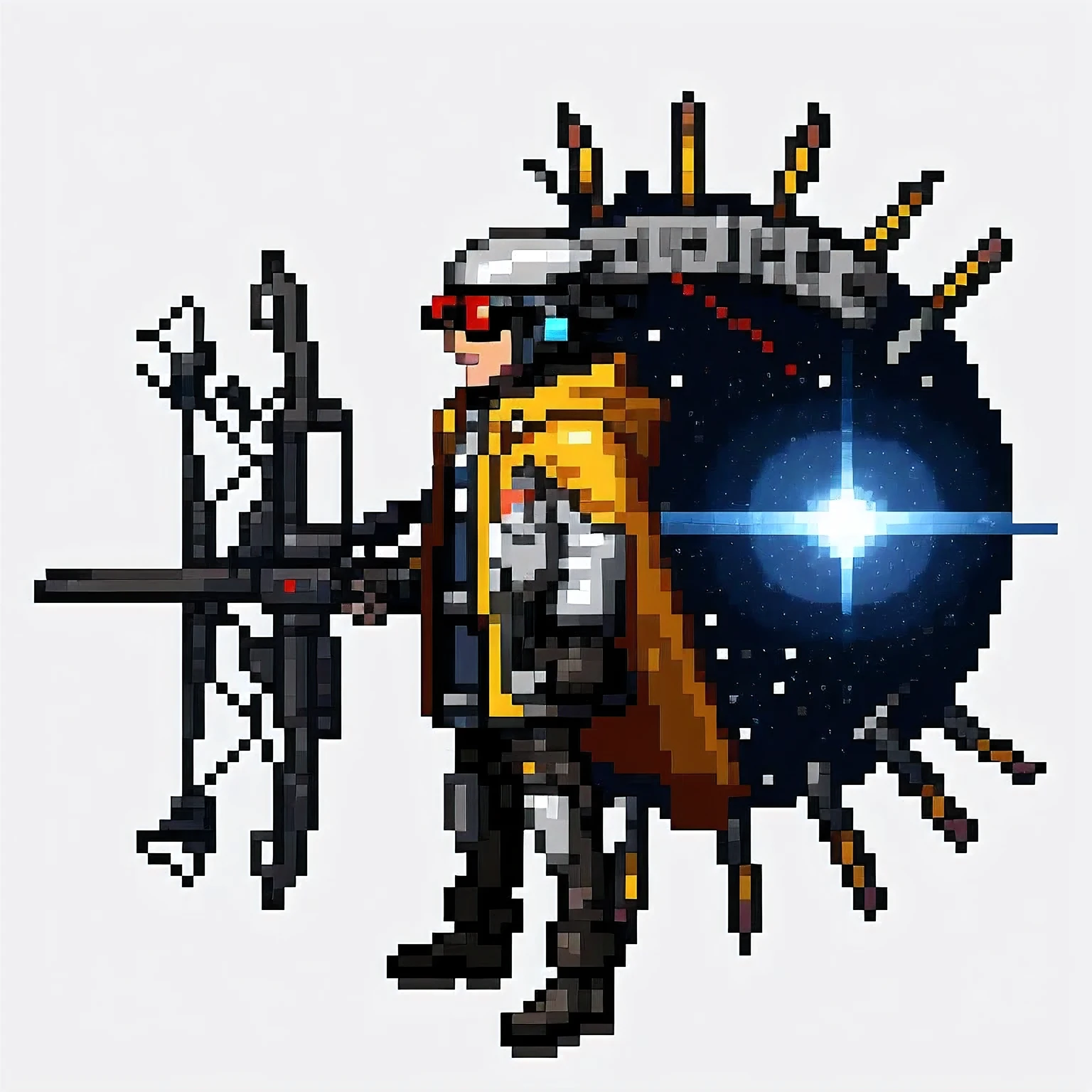 Nine-tailed Suspended Harley Mist Round Star，Coarse Cloak Mayan Headcover Platinum Silk Cyberpunk Light Crossbow Space Station 1:900 micron miniature model，illustration，Side view angle，（（Side view angle））， wear gold frame reflective sunglasses ，Back to the future weapon， very happy ，Side view angle，full body，Stereo，Octane Rendering，Perfect face，Collagen texture