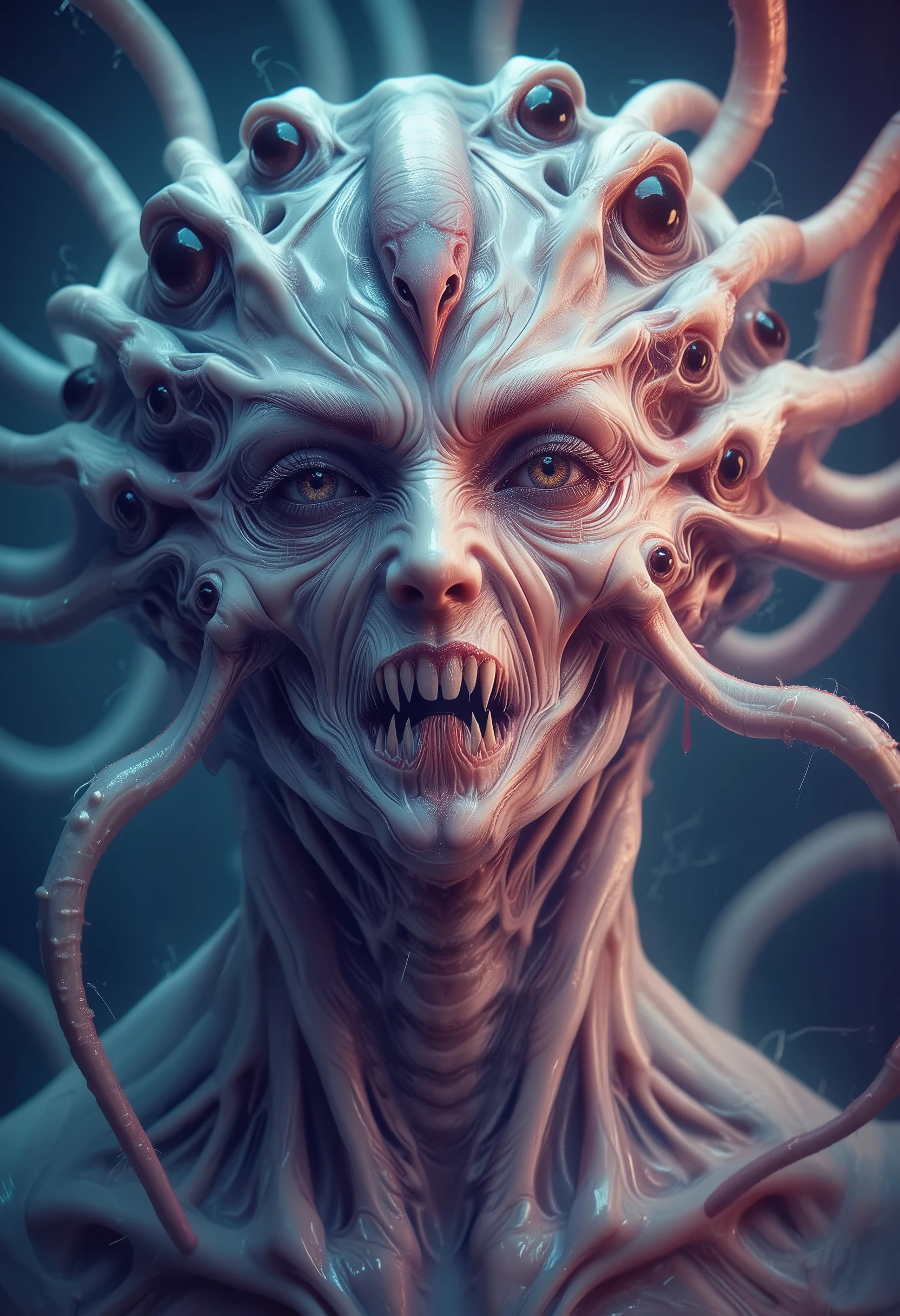 (stuninng photo by professional photographer, Best Quality, 4K, 8k, High Resolution, Masterpiece: 1.2), (Super Detailed, realistic, photorealistic:1.37),(4 iridescent eyes:1.5), four eyes, scary and sexy detailed art in color, Portrait, (beautiful and obscene female alien:1.4), (vulgarity1.7), (Translucent white skin:1.4), (There is a female genital-like organ in the middle of the forehead:2.3), (The most beautiful face in the history of the universe:1.2), an evil gaze that seduces, Full body portrait, (bio luminescent:1.2),(Lots of translucent tentacles:1.8) , Neon Colored, in the deep sea, dramatic pose, four eyes, no maleup, Eyes like snakes that are not human