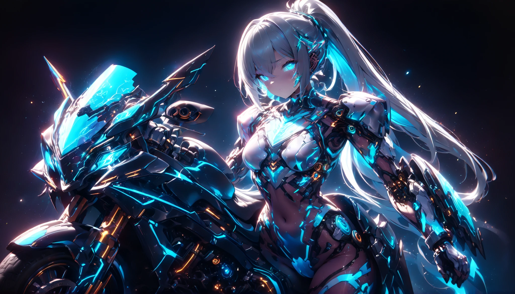((best quality)), ((masterpiece)), (detailed), perfect face, ((Best quality, 8k, Masterpiece: 1.3)), sparkle, glowing light, cinematic lighting, backlighting, Android woman, silver hair, long ponytail, glowing metallic body:1.2, glowing armor:1.2, background(A digitalized motorcycle that shines like a neon light), Cyberpunk World, Electrical signals, digitization, Mechanical arm glowing blue with LED lights, Cyber armor that emits light along the lines of the body, Glass texture, light trail, mad-neon body