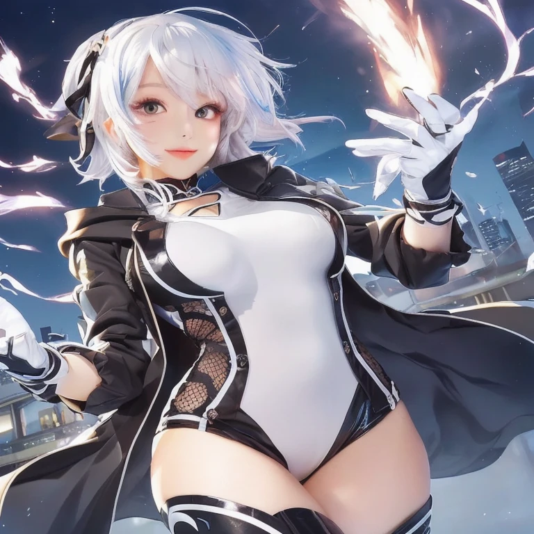 score_9, score_8_up, score_7_up, score_6_up, uncensored, acheronrnd, acheronalt, white hair, long hair, hair over one eye, red eyes, body markings, BREAK detailed eyes, (perfect hands, perfect anatomy), Anime Style, Manga Style, Hand drawn, cinematic, Sharp focus, humorous illustration, big depth of field, Masterpiece, concept art, trending on artstation, Vivid colors, Simplified style, trending on ArtStation, trending on CGSociety, Intricate, Vibrant colors, Soft Shading, Simplistic Features, Sharp Angles, Playful, excessive sweating, sweating profusely, sweating drop BREAK, ruanyi0615, bead necklace, bikini top only, coat on shoulders, harness, elbow gloves, thigh strap, underboob, fishnet thighhighs, coat, large breasts, dog_tags, fighting_stance, looking_at_viewer, gloomy expression, closed mouth, half-closed eyes, electricity, glowing eyes trail, gloves, hair flowing over, hair flotaing, 