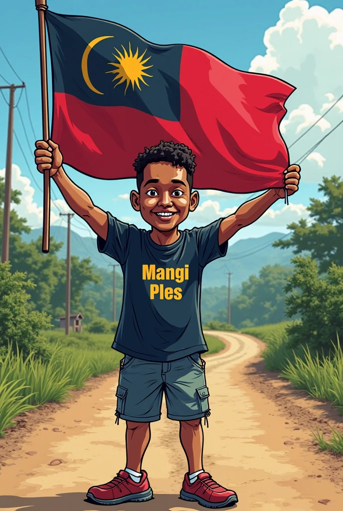 a black boy with dreadlocks hair holds a red flag with 1 star that says KNPB and raises his left hand