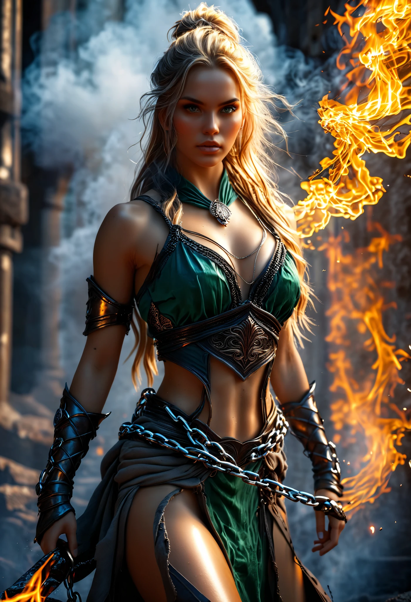 (best quality,4k,8K,high resolution,Meisterwerk:1.2),ultra-detailed,(realistisch,photorealistic,photo-realistic:1.37), a beautiful dark-skinned warrior with long blond hair:1.3 chained and wrapped in burning chains,View from below,Illustration, Metallic texture ,demonic, endowed with immense power , melting chains , scorching heat ,Light rays, penetrating through the cracks ,threatening shadows, exquisite detailing , steaming heat waves , rising smoke ,, fireworklike sparks ,dramatic composition,dark fantasy, emerald flames ,, fiery destruction ,apocalyptic scene,Crumbling ruins , distant flames , molten lava , Meisterwerk, best quality:1.2),,(8K,high resolution,RAW Foto,realistisch,photo-realistic:1.3),(detailed skin texture,detailed fabric texture,beautiful detailed face:1.25),professional lighting, photon mapping, Beautiful soft light ,radiosity,physically-based rendering,raytracing, model shooting style, model shooting style, (extremely detailed CG unity 8K wallpaper), Full body photo of the most beautiful androgynes .