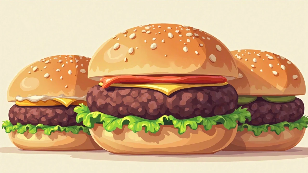 Prompt: Black bean burgers on whole-wheat buns, plant-based protein meal. 2D cartoon illustration, alternative protein source, modern and healthy.
