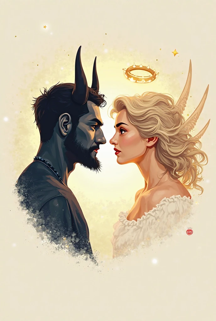 Remove the horns from him and give him an angelic halo, make her with horns and a black wing