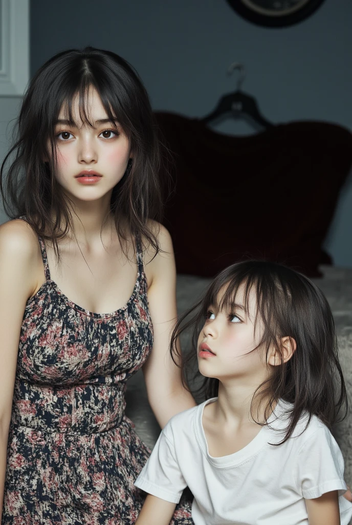 gorgeous 19 y.o. girl,gorgeous girl, score_9,score_8_up,score_7_up,source_anime,masterpiece,best quality, ((black hair)),make up, opened eyes, black eyes,full clothing,a woman with her son,((woman hugging son,1 kid,)),duo,realistic skin,realistic,kid,at the beach,wearing beach clothes