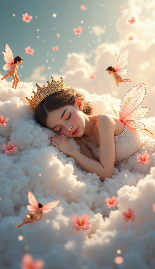 beautiful princess lying in a glass coffin, eyes closed, group of tiny dwarfs around, 6 little mole, crying and standing looking at the princess, morning sun, birds, animals