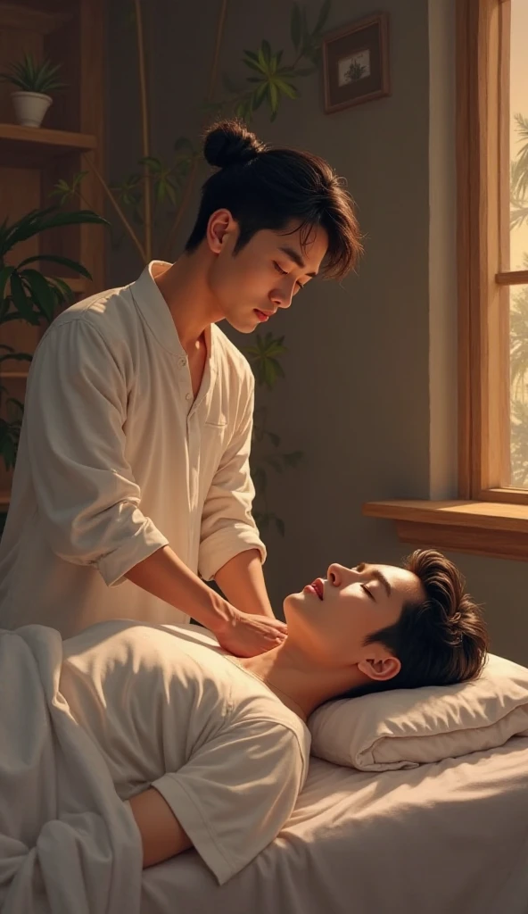 1boy、Real photo style、Photo Quality、Cute handsome man、Mash Hair、Japanese male, 、Completely naked、Full nudity、erection、Huge penis、Highest quality、Realistic、beautiful、Receiving an oil massage from a woman、Prone、Completely naked