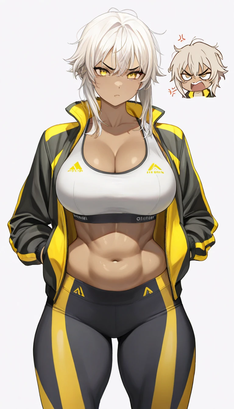 best quality, (masterpiece),(ultra-detailed), (high quality), (high resolution),professor sada, long hair, jewelry, large breasts, necklace, shorts, earrings, navel, cleavage, crop top,green eyes, muscular, labcoat