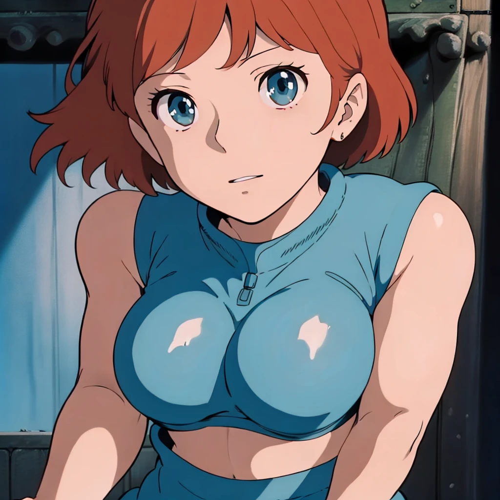 nsfw,(masterpiece, highest quality, High resolution, anime screenshot, anime color, 8K, realistic), Nausicaa, woman, mature woman, wife, alone, brown hair, (looking at the viewer), huge breasts, cleavage, (badly torn tank top:1.3), Upper body, forest, (perfect detailed anatomy, beautiful and detailed face&eye:1.5, shiny skin, perfect body)、erect nipples、I want to see up to my kneecaps、thin fabric panties、wide open legs、vagina、SEX in、strong man