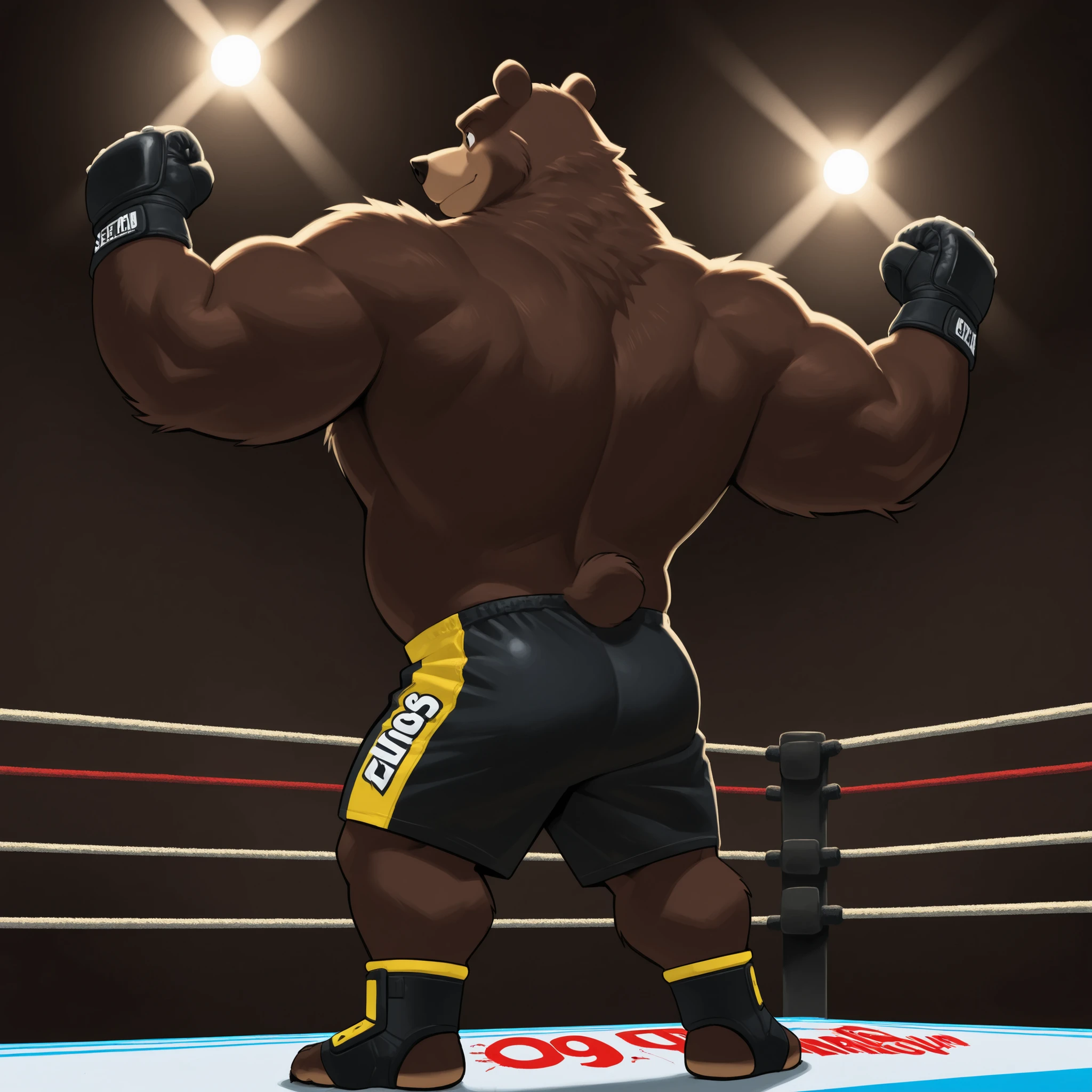 score_9, score_8_up, score_7_up, cartoon_style, ((by BodiPhantom)), 4k, 8k, The best quality, very well drawn, detailed,  high quality, detailed, 4k, high resolution, high quality, high resolution, furry character, ursine, BodiPhantom, Himalayan bear, bear, boy, (sexy), thick arms, huge arms, 5ft, 390lbs, (dark brown fur)), lights, fighting ring, stances, seething, standing on the caged ring, wearing black MMA shorts with green slits, MMA gloves with knuckle pads, ankle support brace, 