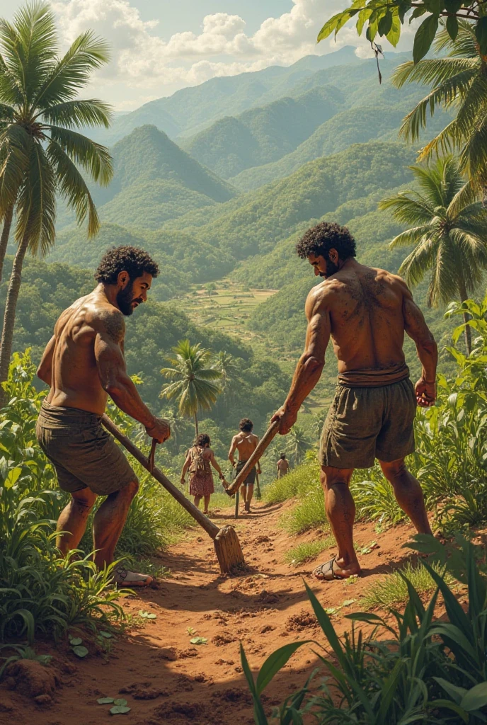 Two handsome men, one is thin and white, and the other is handsome, are gathering firewood in the jungle with axes in their hands while two ugly and large men with beards watch them from behind a house.