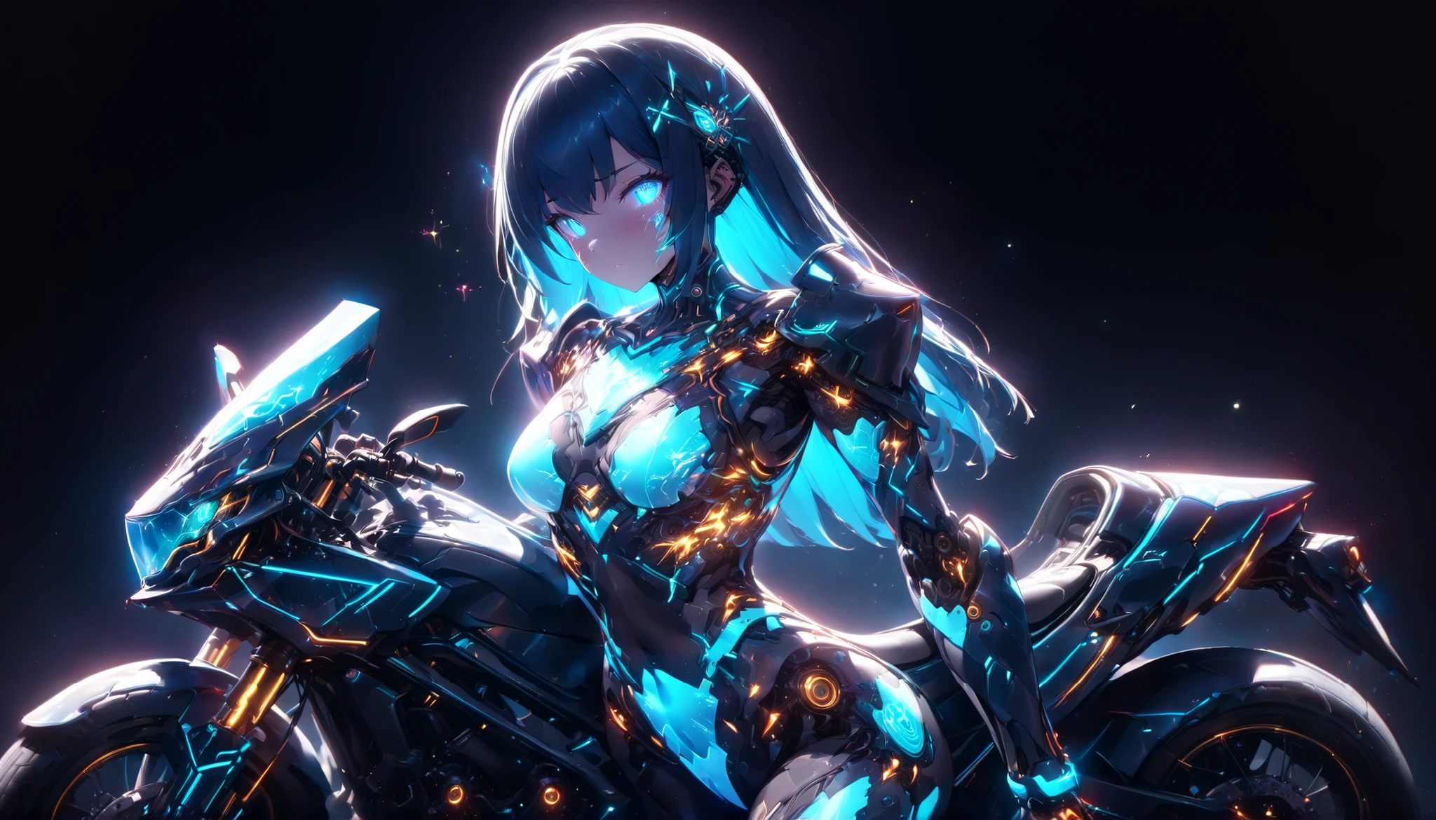 ((best quality)), ((masterpiece)), (detailed), perfect face, ((Best quality, 8k, Masterpiece: 1.3)), sparkle, glowing light, cinematic lighting, backlighting, Android woman, blue hair, hime cut, glowing metallic body:1.2, glowing armor:1.2, background(A digitalized motorcycle that shines like a neon light), Cyberpunk World, Electrical signals, digitization, Mechanical arm glowing blue with LED lights, Cyber armor that emits light along the lines of the body, Glass texture, light trail, mad-neon body