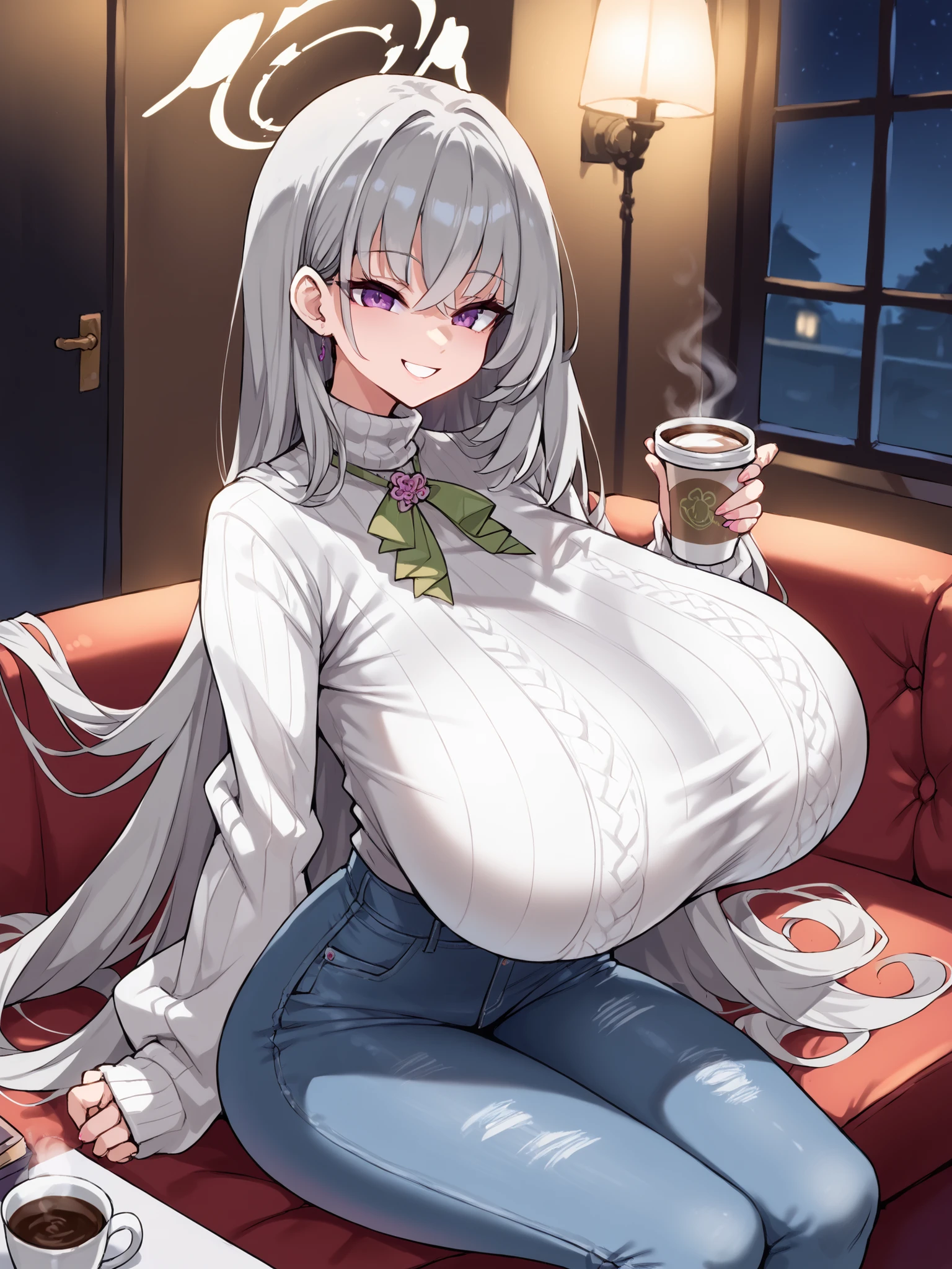 score_9, score_8_up, score_8, Utazumi Sakurako_\(blue archive \) ,grey hair, very long hair,,(gigantic breasts 1:10) , thin waist, big butt, thick thighs,sakurakoidol, purple eyes, halo, white sweater, tight knit sweater,tight jeans, sitting, sitting next to chimney,sitting on couch,night, holding cup of coffee, night, dim lighting, smile, wide smile