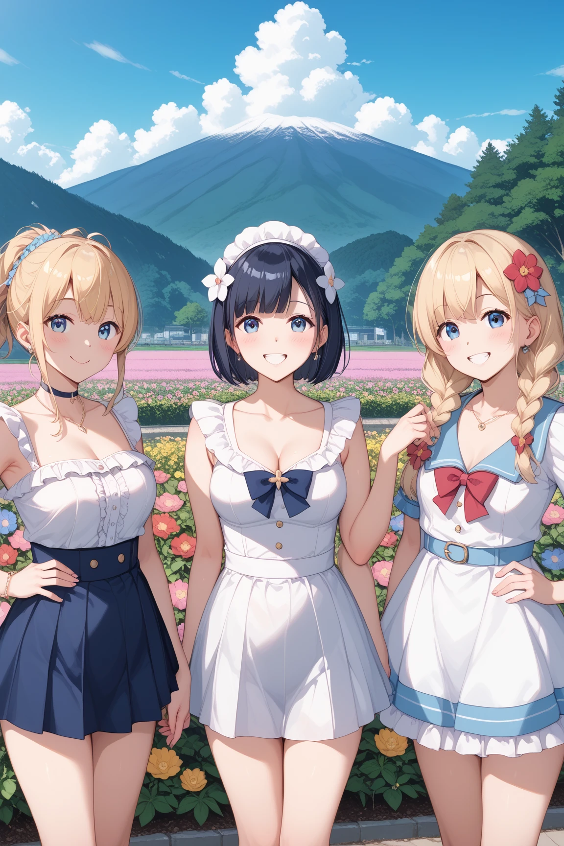 (Very detailed CG ユニティ 8k 壁紙)、(masterpiece)、(highest quality)、(Very detailed)、(Best illustrations)、(Best Shadow)、((３By people))、３People Girls、back、Different hair colors、Different poses、Green Eyes、Big Eyes、Big Breasts、whole body、大胆なbackが見えるドレス、noon、Clear skies、Lush green park、high resolution、whole body、Sweat、Bright hair color、short hair、Shiny skin、Shiny texture