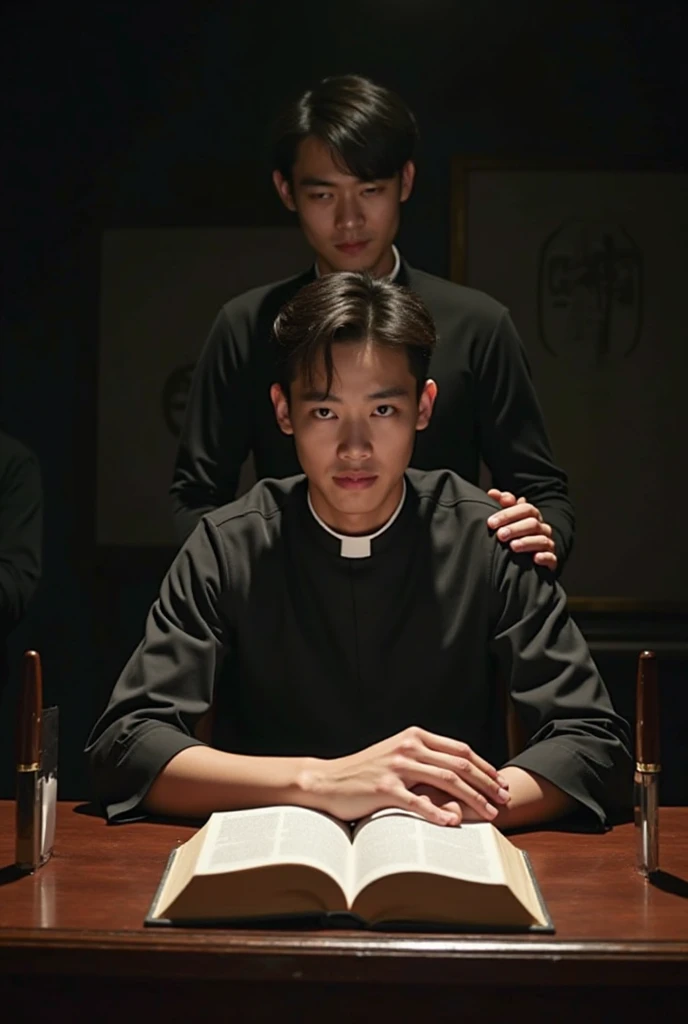 a priest on his knees looking up, tearing his robes and his heart on fire