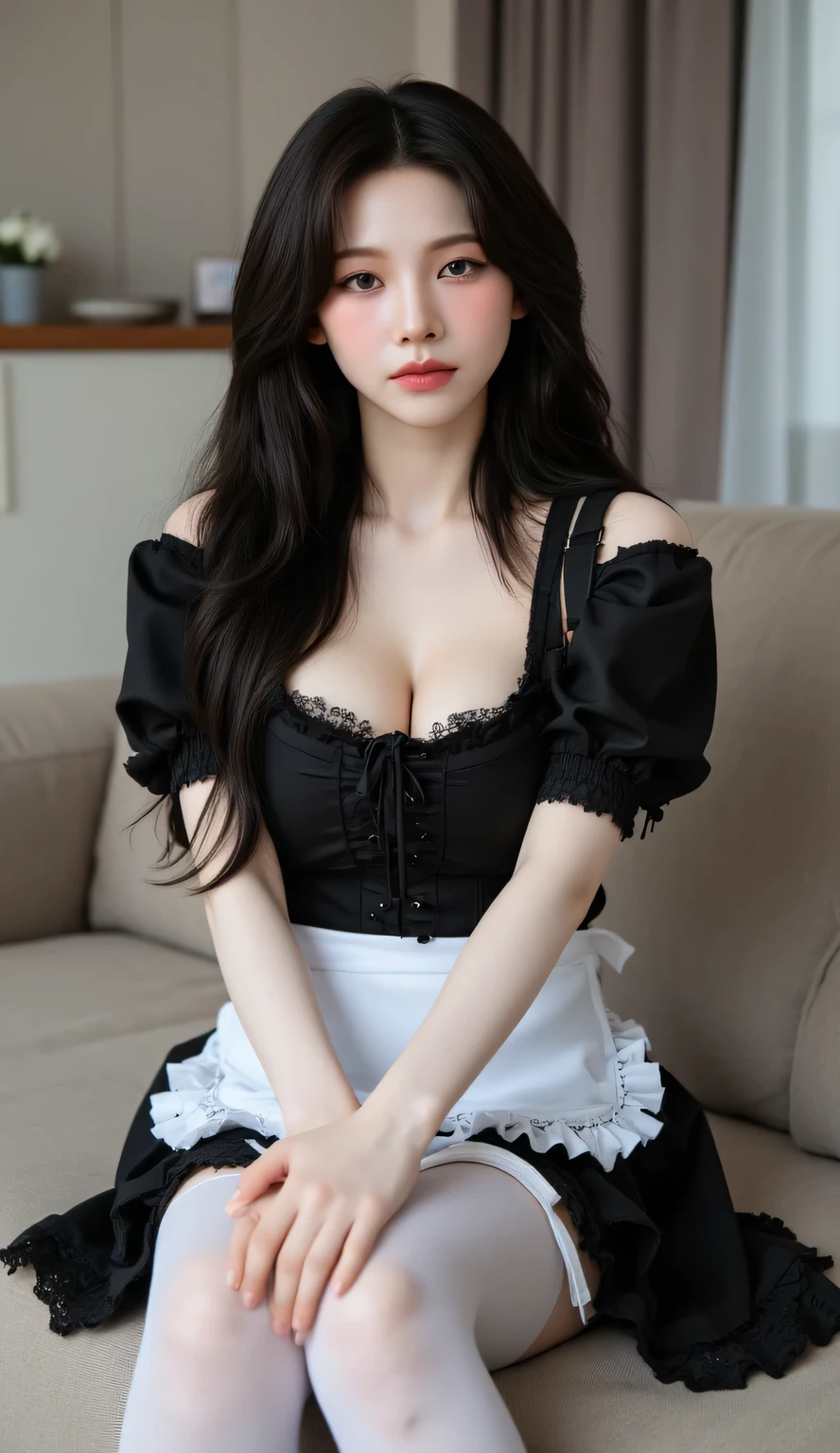 Masterpiece: 1.25, Best quality, High resolution:1.35, RAW photo:1.2, Photorealistic:1.37, Hyper-realistic, 16K, ((1girl)), there is a woman sitting on a stool in a room, anime girl cosplay, ayaka cosplay, cosplay, 2b, 2 b, , anime cosplay, cosplay photo, trending at cgstation, cosplay of a catboy! maid! dress, oppai cyberpunk, yoko taro, trending on cgstation, seductive anime girl, cosplayer, sakura kinomoto