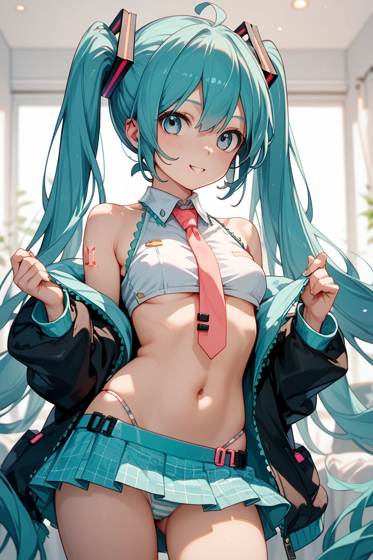 A young Hatsune Miku is wearing a skirt that is too short, her upper