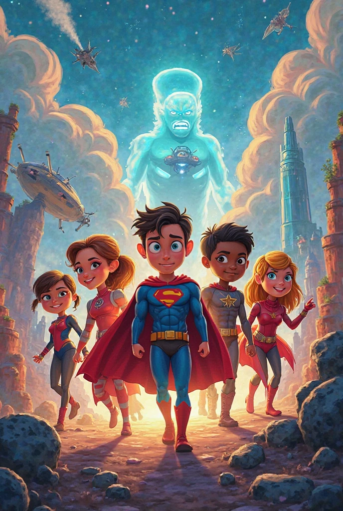 Cover for educational book focused on children with a fantasy theme where it involves, Stories, dragons, Superheroes, princesses and fantasy things, called "LEARNIVERSE"