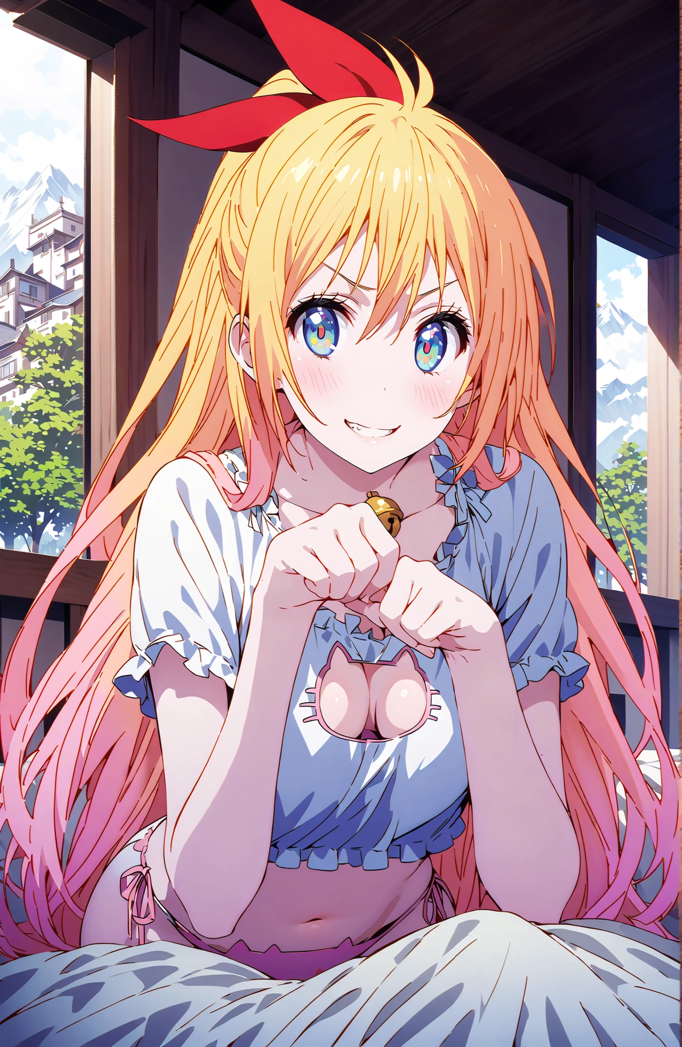 Chitoge Kirisaki, long hair, blue eyes, Gold, ribbon, o, very long hair, hair ribbon, multicolor hair that matches the eye, red ribbon, Gradation Hair,Glowing Skin, smile,cover,grinning,Cat underwear, cat cutout, cat ear panties, well-frilled , Side Tie Panties, cleavage cutout, bell, neck nell , belly button,midriff,Cat Paw Pose,decor,sits on a bed,Beautiful Scenery,noon,full bodyがillustrationsに入るように,break indoors,full body,,
break looking at viewer,
break (masterpiece:1.2), Best Quality, high resolution, Unity 8k 壁紙, (illustrations:0.8), (beautiful detailed eyes:1.6), very detailed face, perfect lighting on the table, Extremely Detailed CG, (perfect hand, perfect anatomy),