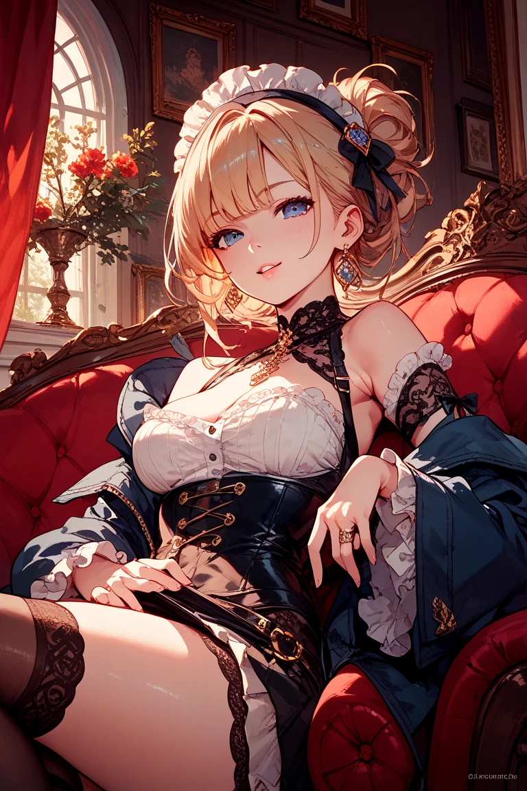 (The highest image quality, master piece:1.2), (Ultra Definition Illustration), (very beautiful littele princes:1.3), (1 girl:1.2), Solo, nsfw, (shoot from very below:1.3) ,(condescending look:1.3), (sleeveless gorgeous queen blue dress with roses:1.3), sitting on the throne chair, queen crown, (armpit, spread legs, white panty:1.3), full body, Round baby face, (Blonde Short-Cut Hair), (white thigh high pantyhose:1.3), (Evil smile, mean expression), Luxurious palace rooms, Fancy Room, rpgroyalty,