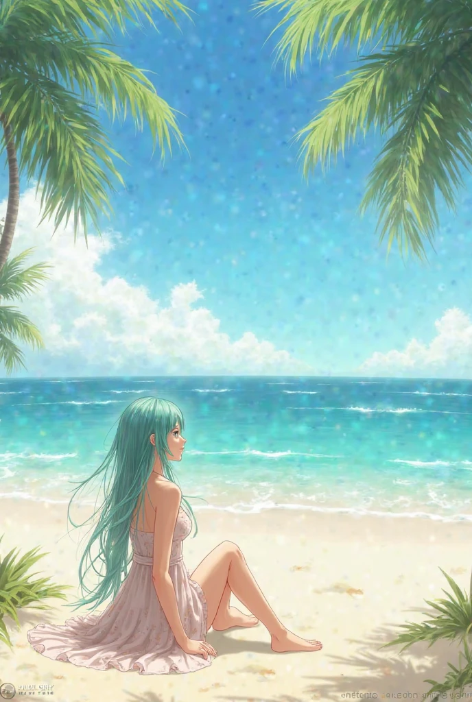 Sitting on a sandy beach under a private peach parasol with a white coastline and looking at the distant horizon? String bikini, beautiful coastline, emerald waters.