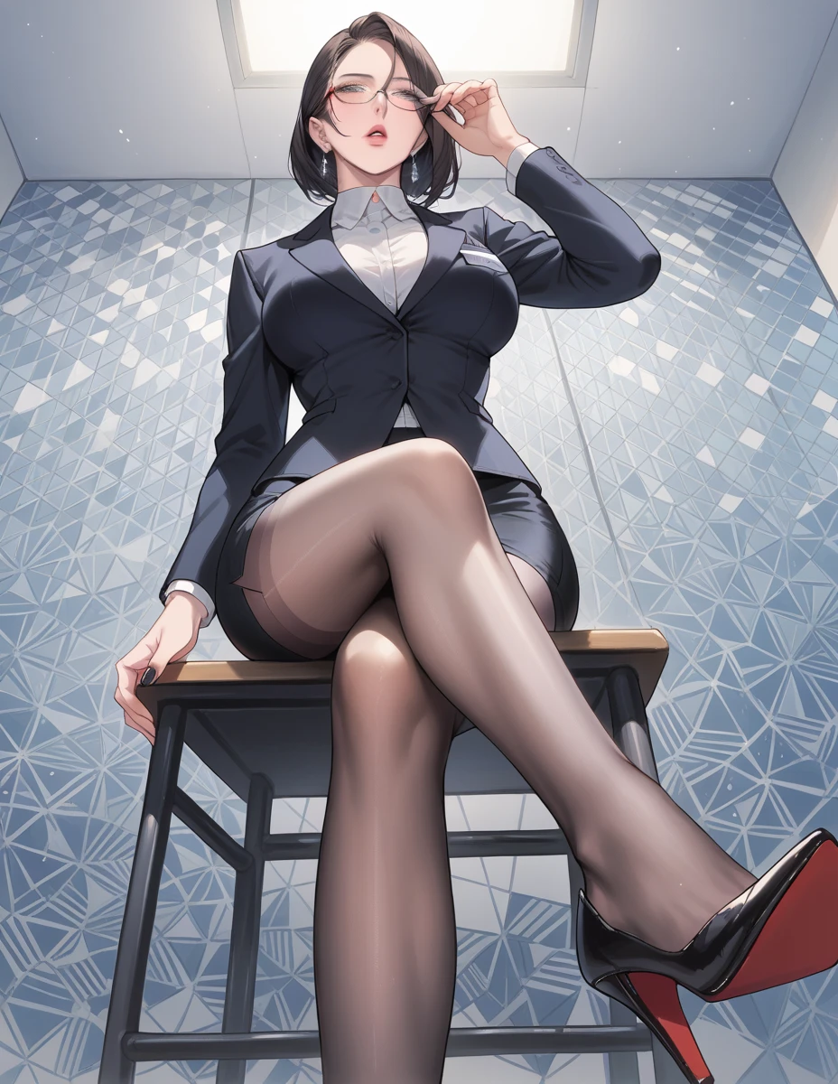 Tan woman, 50 years old, black hair in a bun, glasses, tight black blazer, black pencil skirt, barefoot, small feet, 5 toes on each foot, white nail polish, thick thighs, large thighs, wide hips, strict teacher, full body shown including feet, resting her feet, legs crossed , sitting on her chair, removed black high heel pumps on the floor, long elf ears,