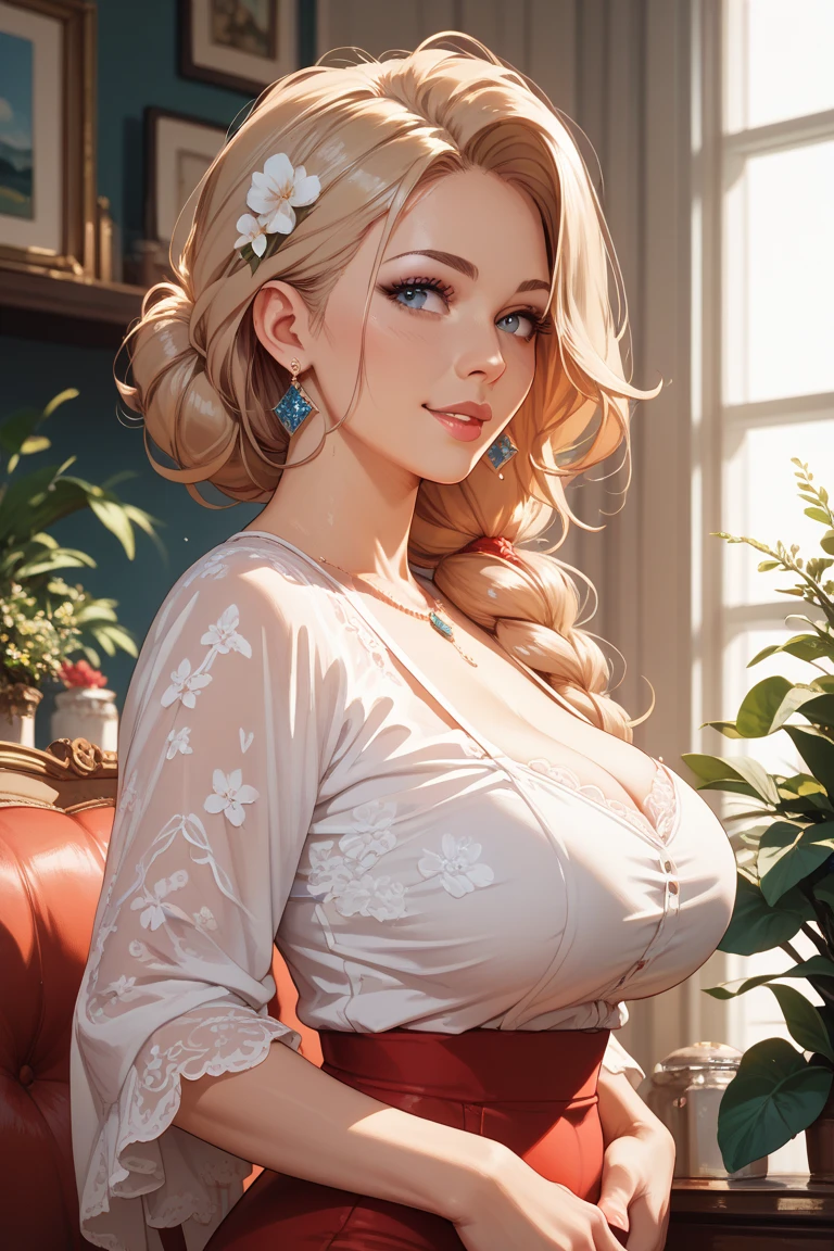 1girl,huge breast, blonde  hair, blue eyes, high quality, ultra detailed, masterpiece, realistic