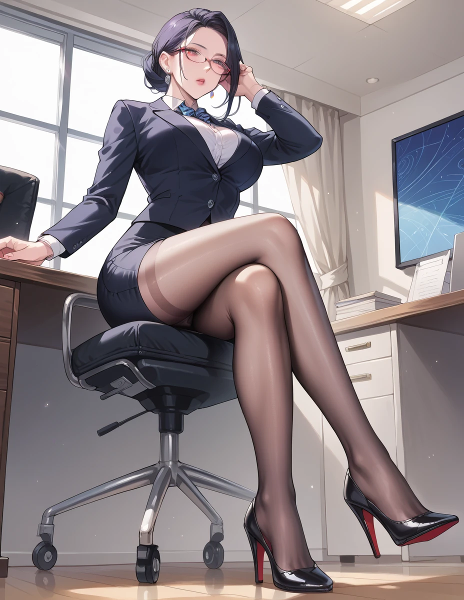 masterpiece, best quality, ultra-detailed 8K, 2.5D anime style, 
A mature and elegant and beautiful and celestial and ethereal office lady teacher with cold beauty, wearing semi-rimless glasses, 
voluptuous figure with soft skin texture, crossed legs in shiny black sheer pantyhose, vintage devious black stiletto high heels, 
low-angle view emphasizing thigh curves, pencil skirt riding up slightly, 
cold and very sweet expression with a hint of seduction, cinematic rim lighting, 
abstract geometric patterns in background, realistic rendering with cel-shading, 
--style realistic --ar 9:16