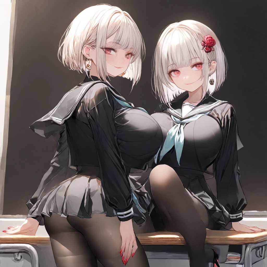 (cute eyes:1.2), (sparkling eyes:1.2), (8K、Best image quality、highest quality、masterpiece)、Detailed face、(2 girls)、Improve、(white hair, pink eyes, short hair, straight hair, nekomimi), (open mouth), (embarrassed), (skinny body:1.3),(midium breasts), (cleavage out), (crop top navel), Classroom Background, (black stockings:1.1), (Thighs:1.2), (Waistline:1.2), (from above:1.2)