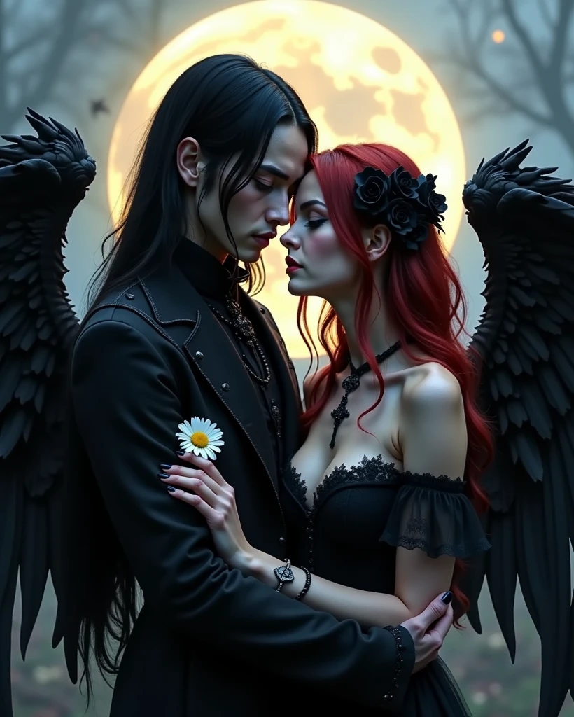 (masterpiece, top quality, best quality, official art, beautiful and aesthetic), (fractal art), (black and white:1.5), (a male with red hair and a halo, wearing a suit), (a male embracing a female in all black), (embracing), (tragic), (romantic), large angel wings, dynamic, angel, occult, gloomy, holy,<lora:detail_slider_v4:1>