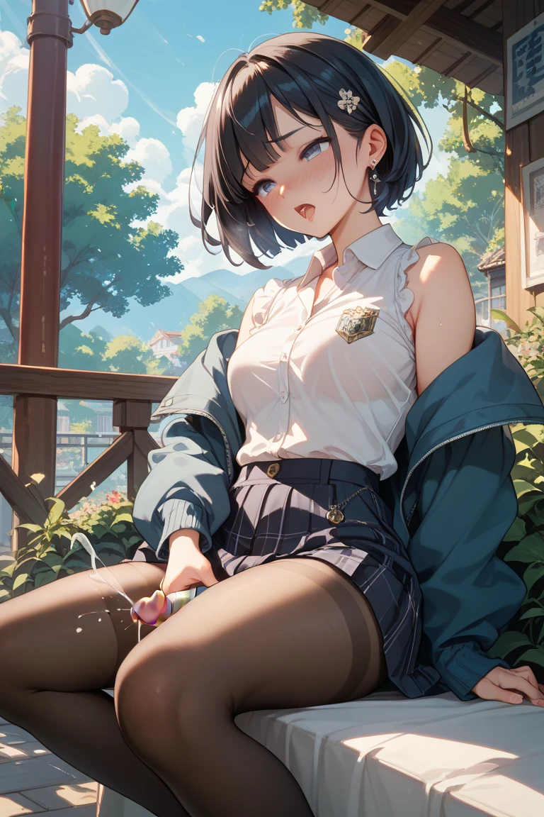 ((masterpiece, super detailed, fine detail, top quality, illustration)), blue sky, 20-year-old woman, beautiful woman, beautiful wet black hair, bob cut, beautiful red eyes, close-up, wet white shirt, tie, checked miniskirt, black socks, black shoes, a lot of hydrangea, rainbow visible, whole body, smile, looking up at the sky, squatting, white underwear,