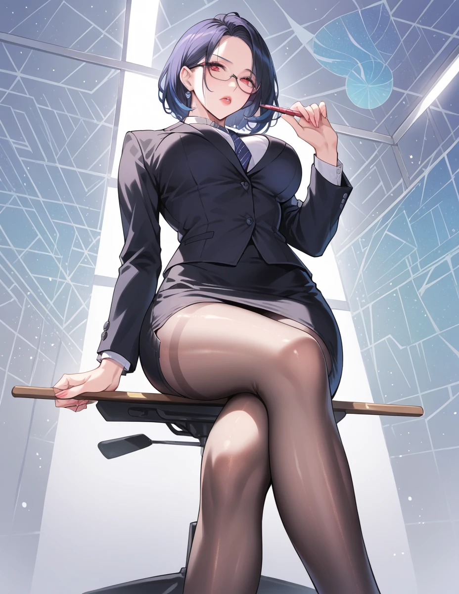 Tan woman, 50 years old, black hair in a bun, glasses, tight black blazer, black pencil skirt, barefoot, small feet, 5 toes on each foot, nail polish, thick thighs, large thighs, wide hips, strict teacher, full body shown including feet, resting her feet, sitting on her chair, removed black high heel pumps on the floor, long elf ears