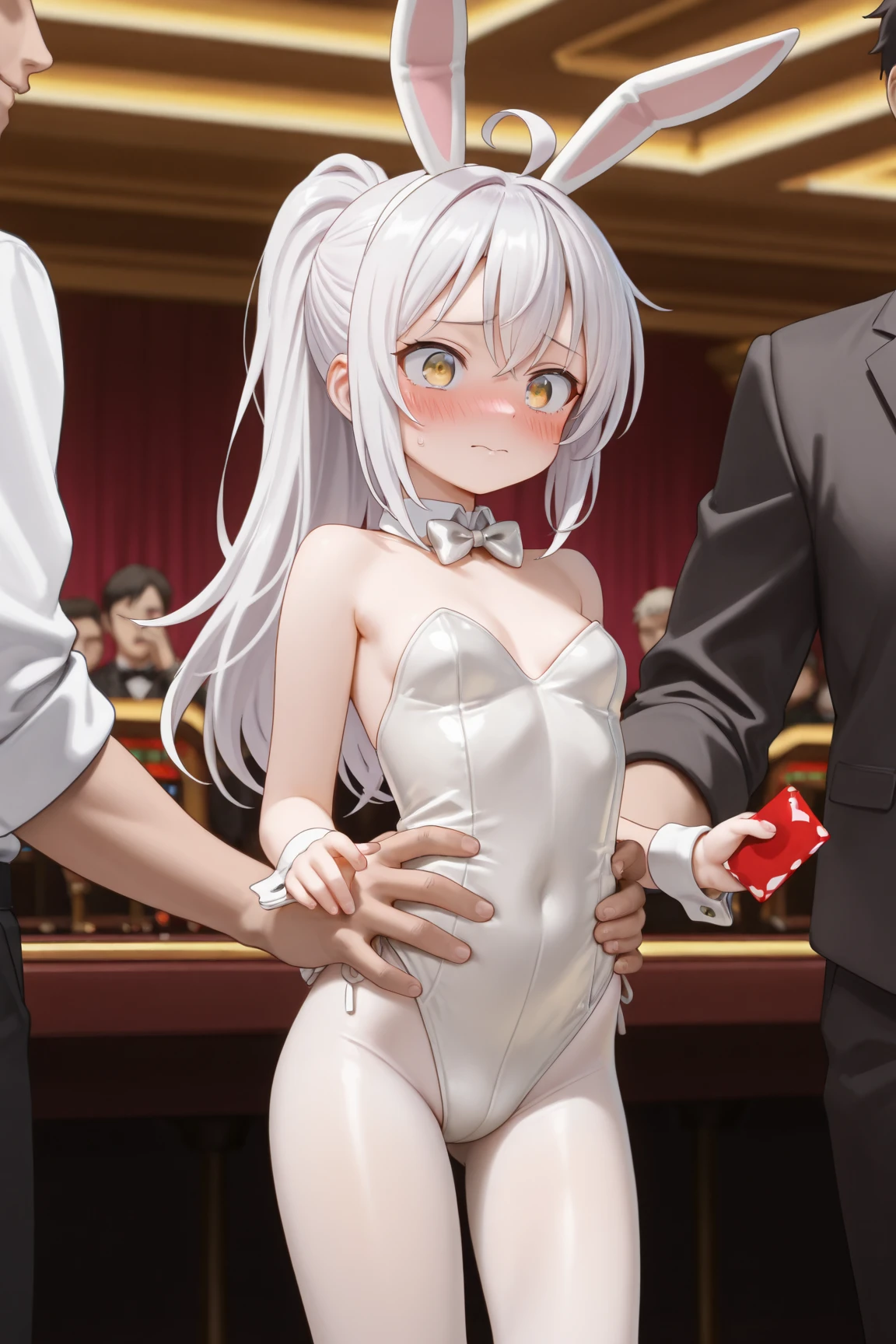 best quality, amazing quality, very aesthetic, absurdres, NSFW, 1girl, chise (blue archive), blue archive, (red eyes), (artist official art:1.5), (realistic face, half closed eyes), (multicolored red horns:1.5), (reverse bunnysuit, reverse outfit, shiny rabbit ears headband, detached collar, bowtie, pink pasties, topless, tight sleeves, (black) puffy long sleeves: 1.2), casino, lying on her side, raise leg, spread legs), (cowboy shot), (game cg:1.3), from above, expressive eyes, perfect face, 4k, extremely detailed anime illustration, extremely detailed eyes, enhanced details, perfect anatomy, light rays, photo background, extremely delicate body, smooth skin, feminine expression, black background, cristal clear eyes, beautiful face,