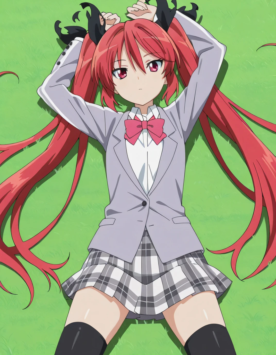 Cthuko, 1girl, solo, blush, skirt, thighhighs, bow, sitting, school_uniform, black_thighhighs, wariza,